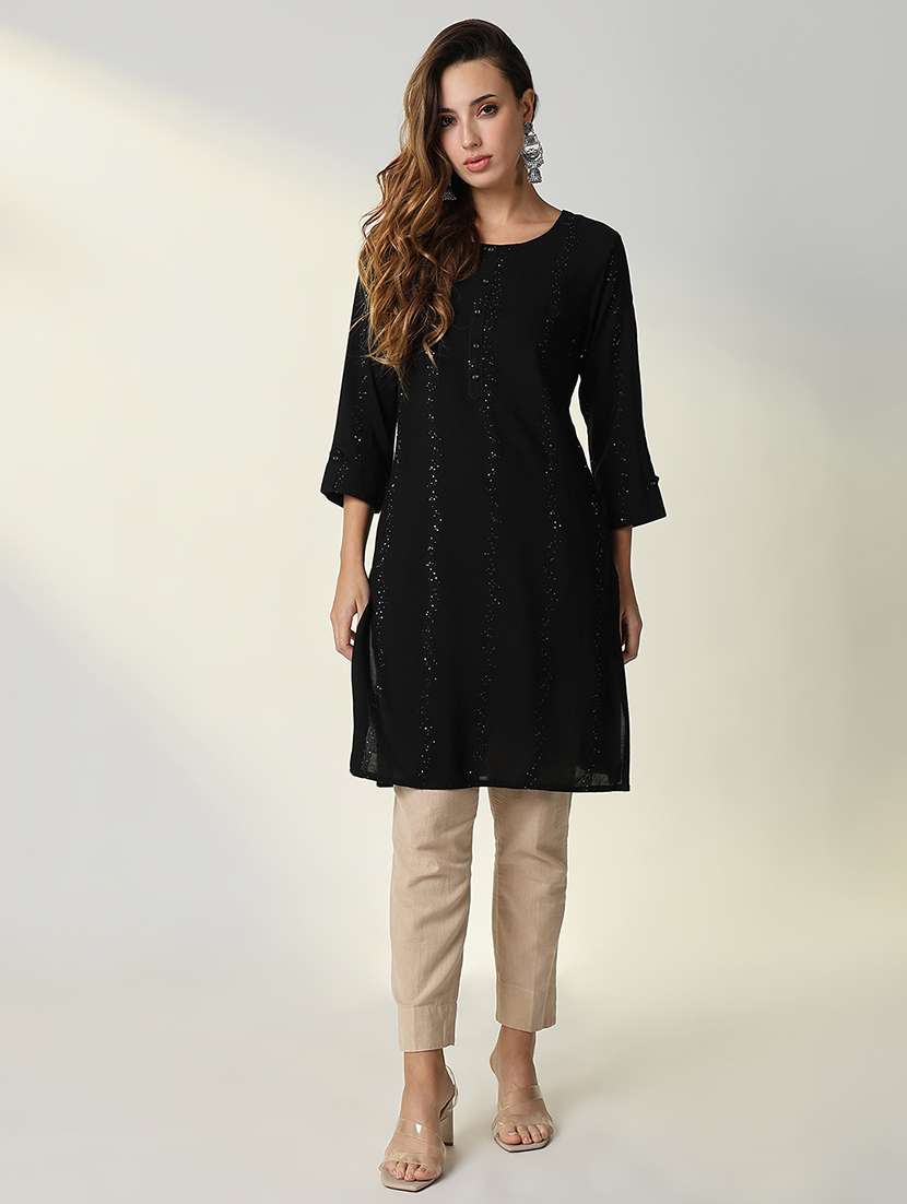 women black solid with work straight kurta