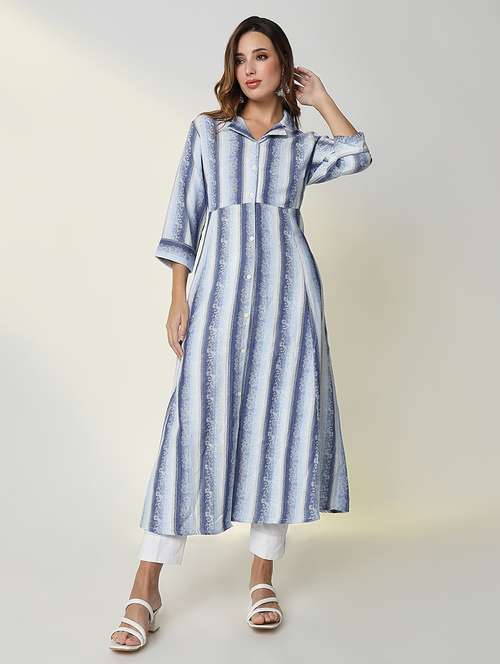 women striped three quarter sleeve a-line kurta - 21598056 -  Standard Image - 0