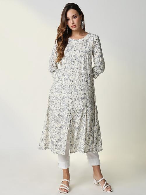 women cream floral printed  three quarter sleeve a-line kurta - 21598059 -  Standard Image - 0