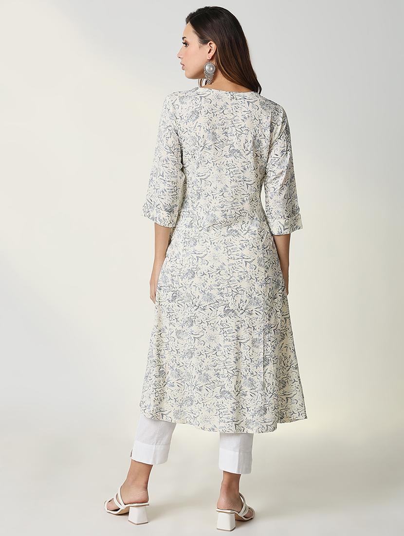 women cream floral printed three quarter sleeve a-line kurta - 21598059 - Standard Image - 3