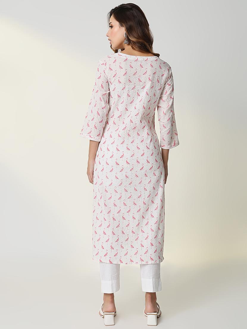 women white printed tie up neck straight kurta - 21598061 - Standard Image - 3