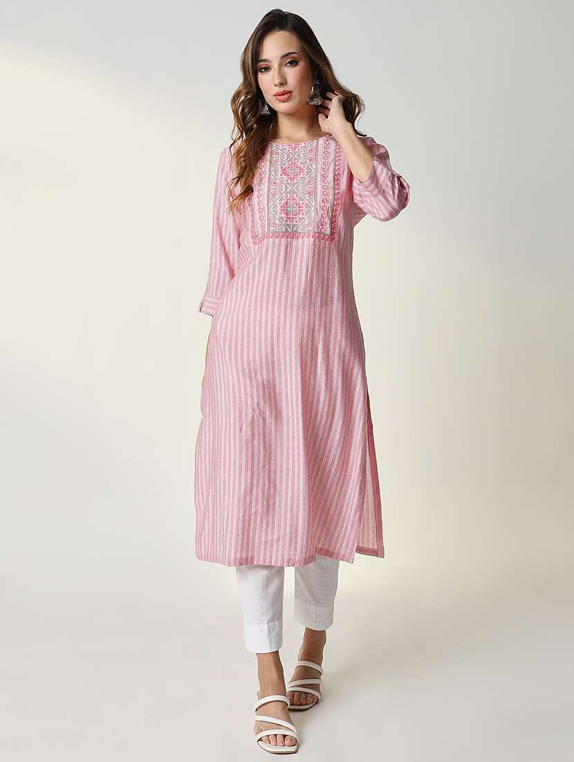 women pink chevron printed straight kurta