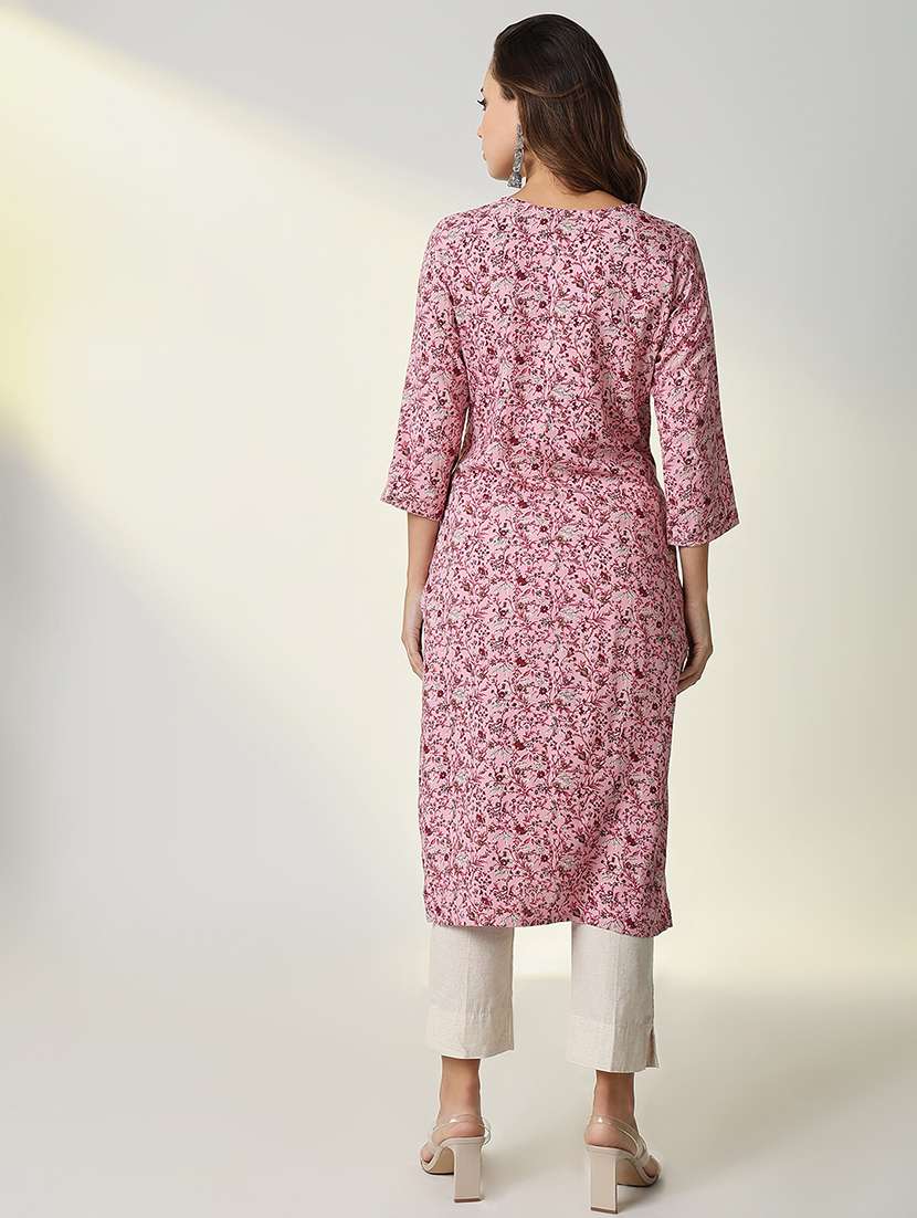 women pink floral printed straight kurta - 21598064 -  Standard Image - 3