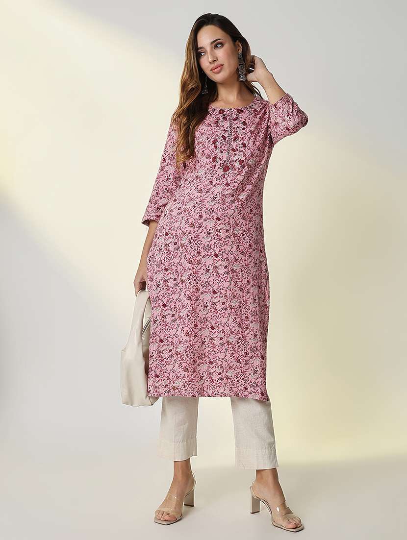women pink floral printed straight kurta - 21598064 -  Standard Image - 5