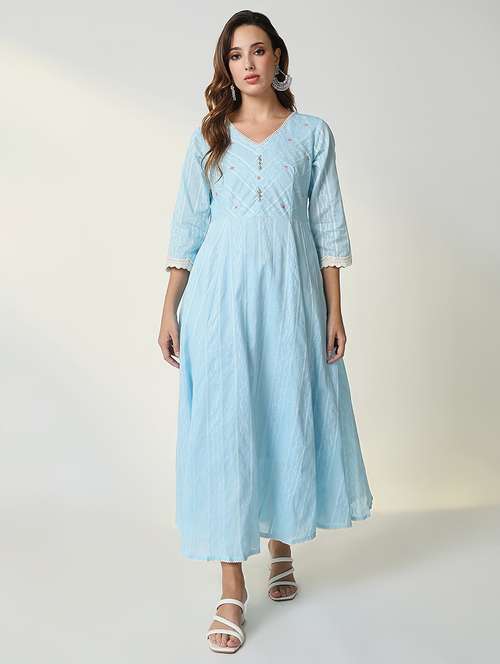 women light blue striped v neck anarkali kurta - 21598067 -  Standard Image - 0