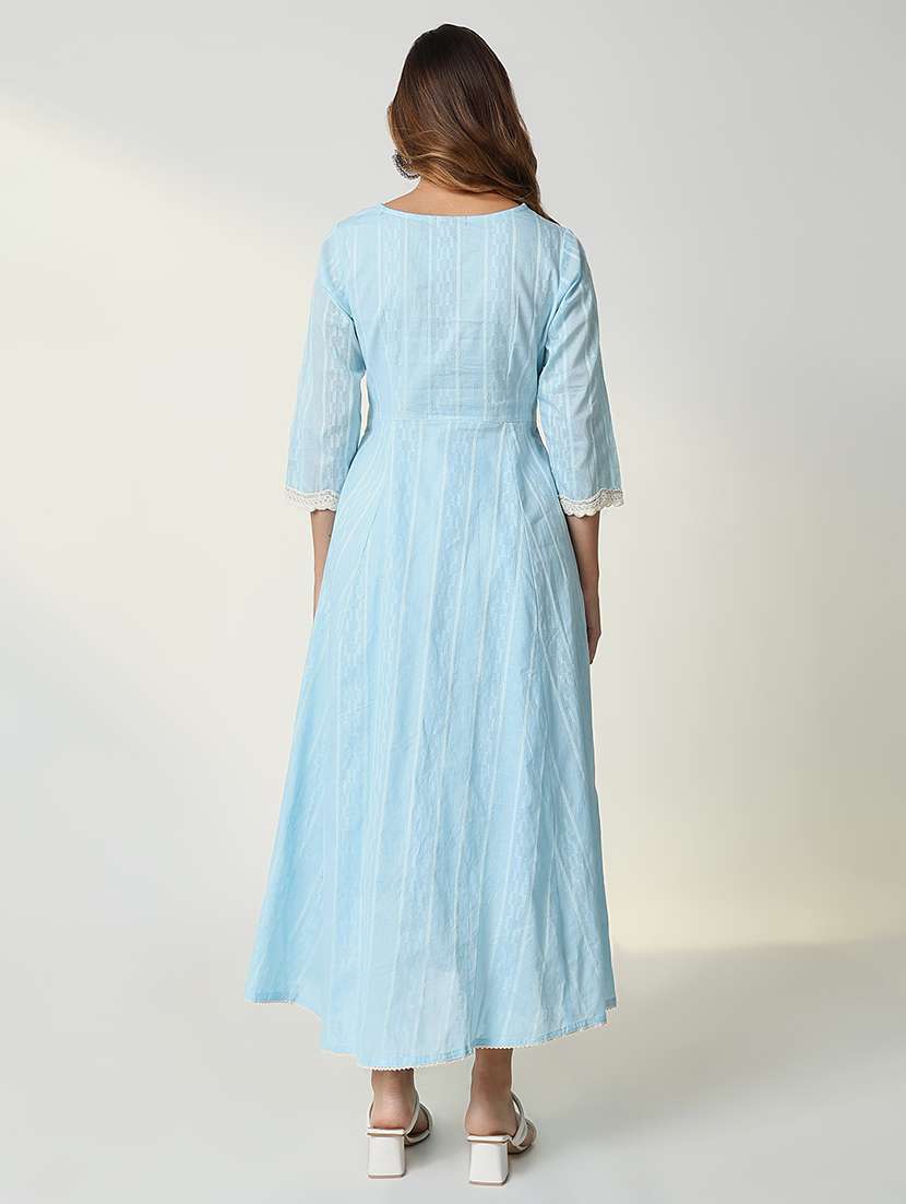 women light blue striped v neck anarkali kurta - 21598067 - Standard Image - 3