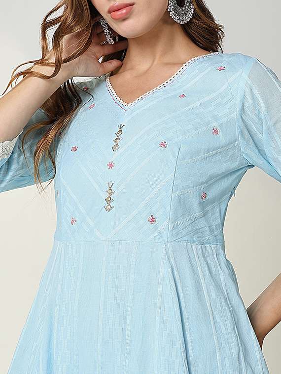 women light blue striped v neck anarkali kurta - 21598067 - Standard Image - 5