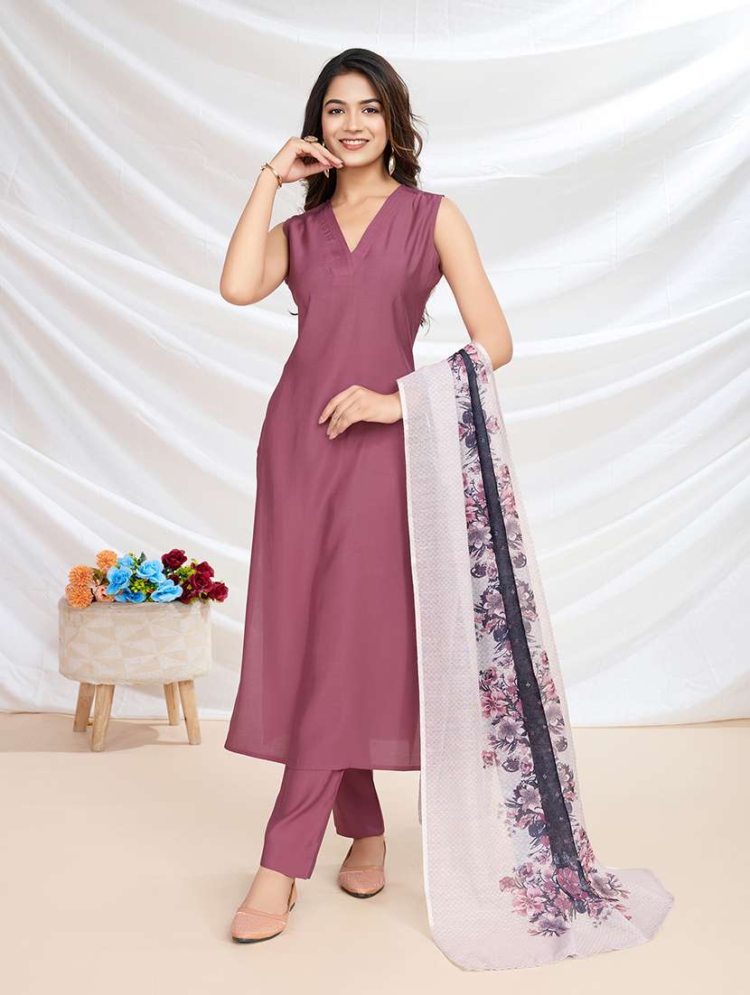 women solid sleeveless kurta pant with dupatta set