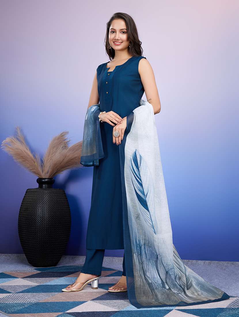 women solid sleeveless kurta pant with dupatta set - 21598095 -  Standard Image - 3