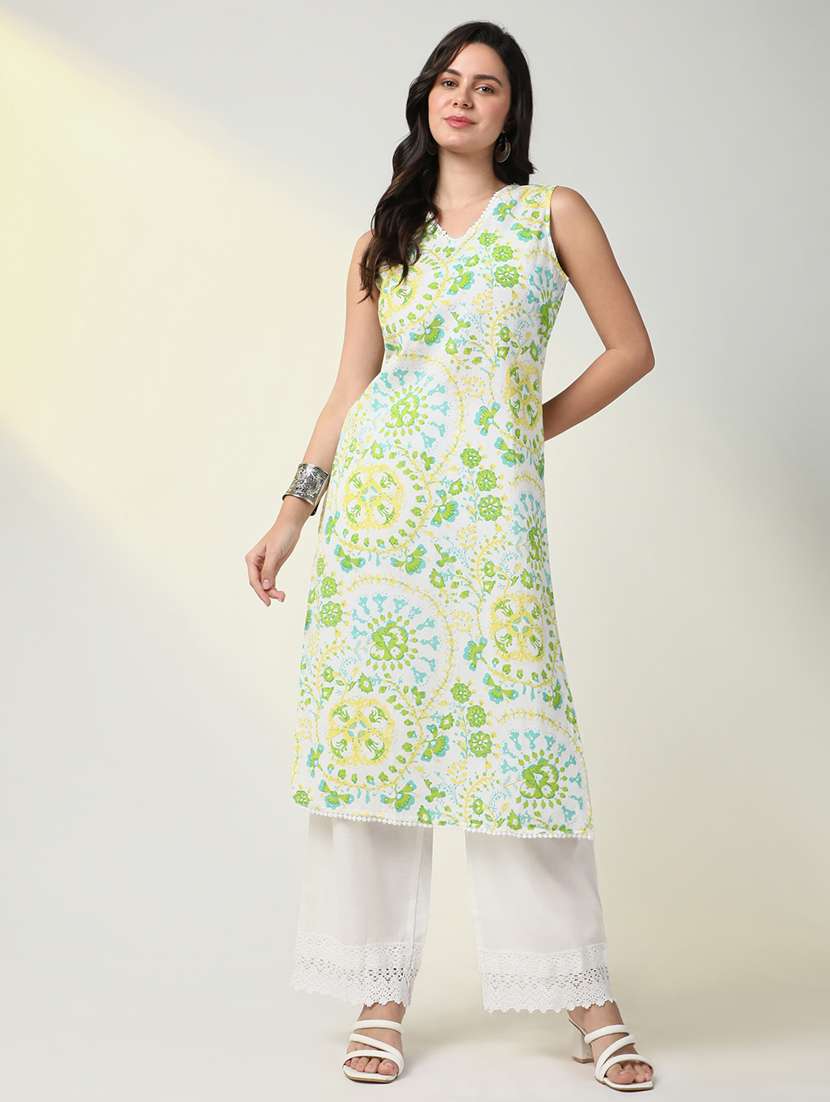 women green floral kurta palazzo set - 21598114 -  Standard Image - 5