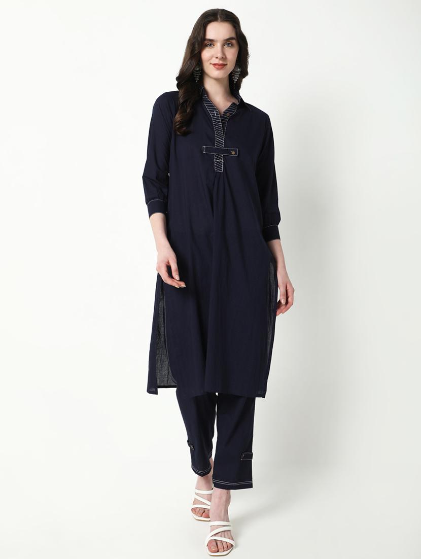 women navy blue solid kurta pant set - 21598117 - Zoom Image - 0