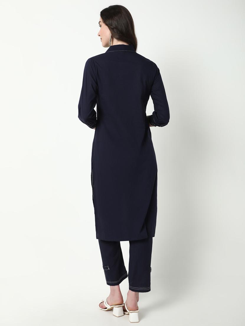 women navy blue solid kurta pant set - 21598117 - Standard Image - 3
