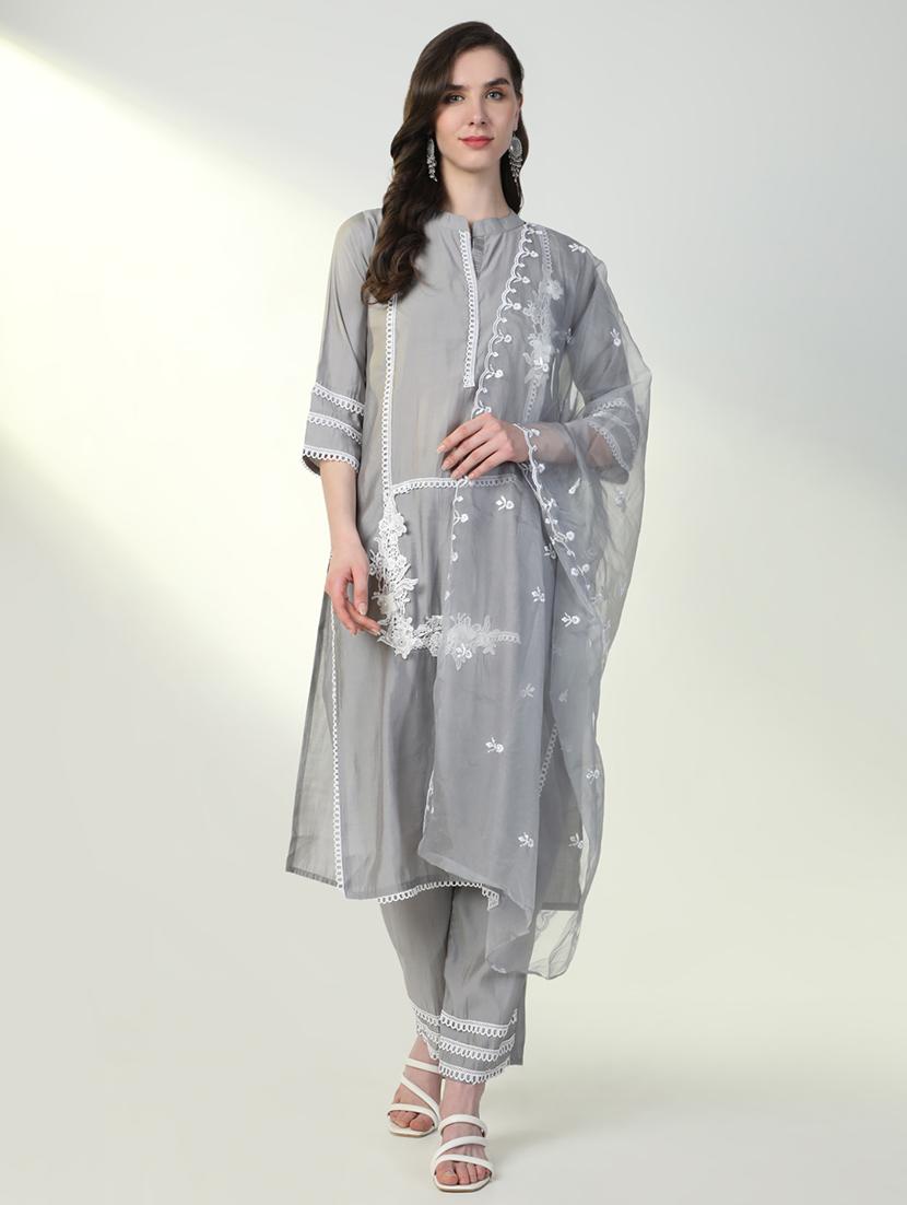 women grey lace work kurta pant set with dupatta - 21598125 - Zoom Image - 0