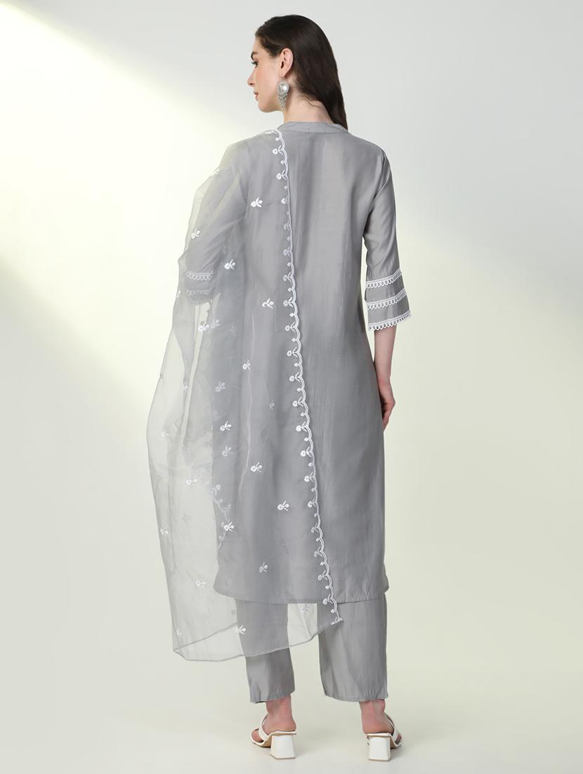 women grey lace work kurta pant set with dupatta - 21598125 - Standard Image - 3