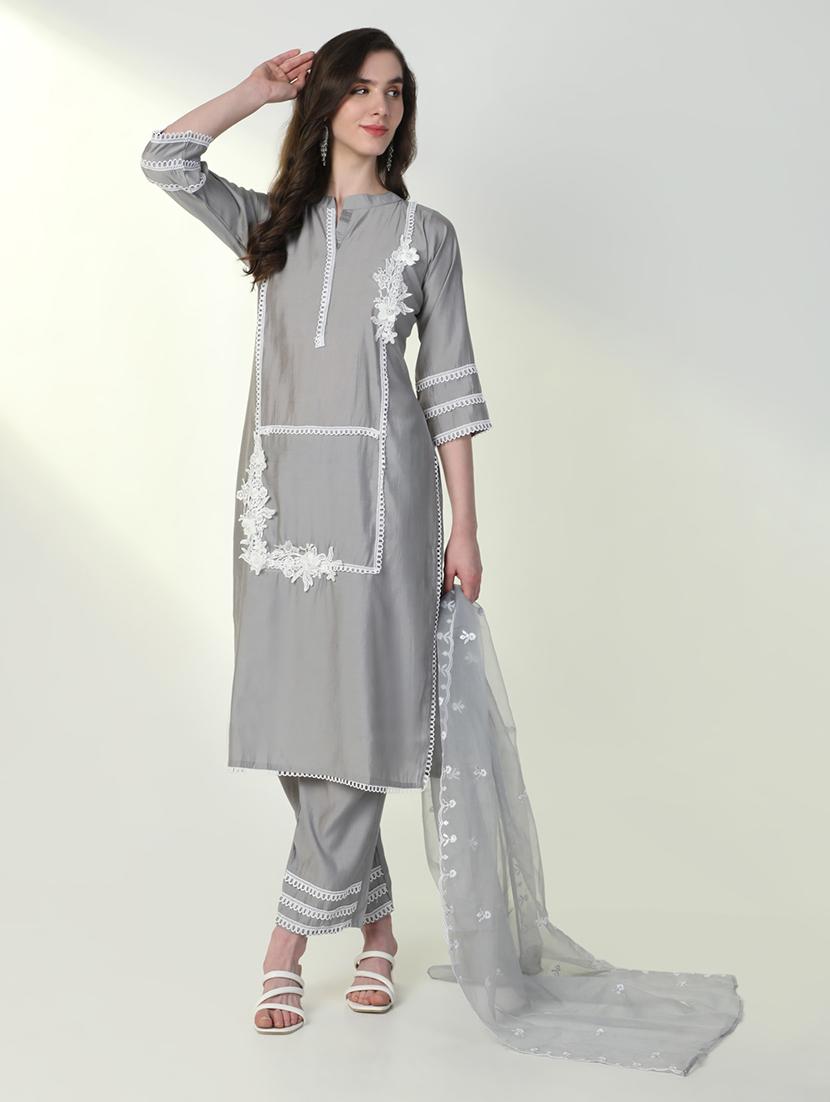 women grey lace work kurta pant set with dupatta - 21598125 - Standard Image - 5