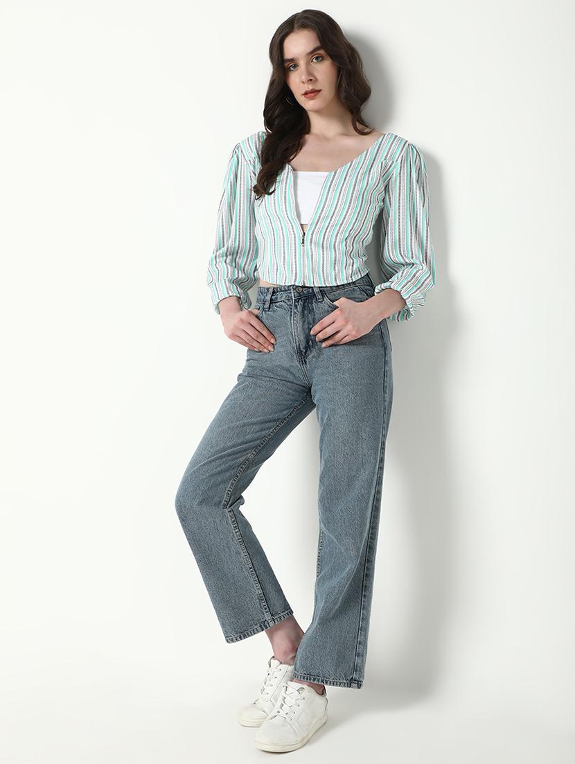 women sea green stripes v neck crop top - 21598212 - Standard Image - 5