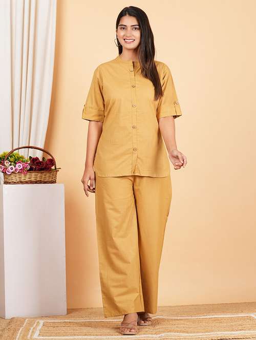 women solid mandarin neck co-ord set - 21598230 - Standard Image - 0