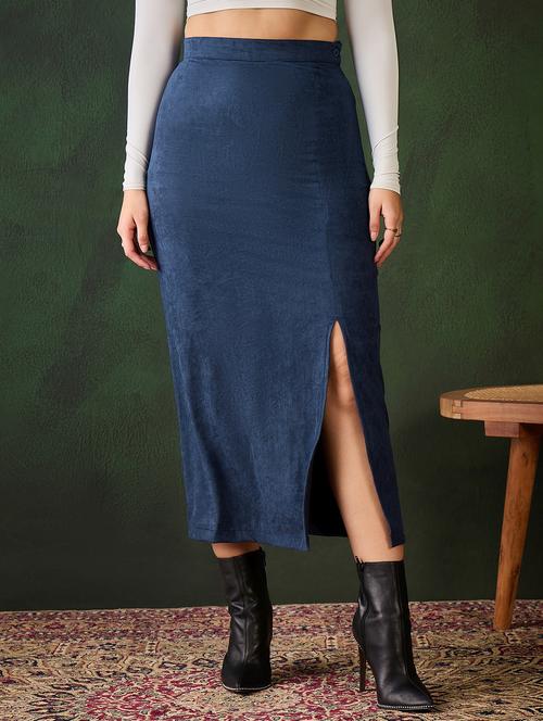 women blue solid straight skirt - 21599027 -  Standard Image - 0