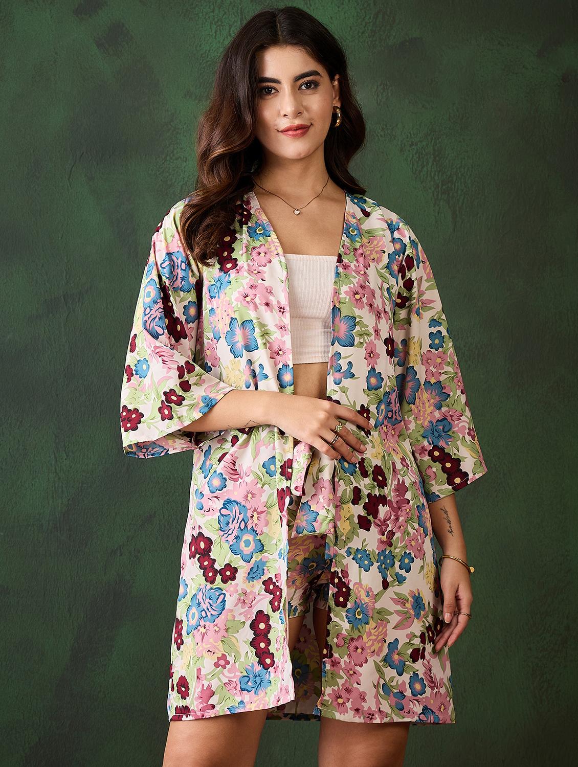 women floral printed top and shorts with shrug co-ord set