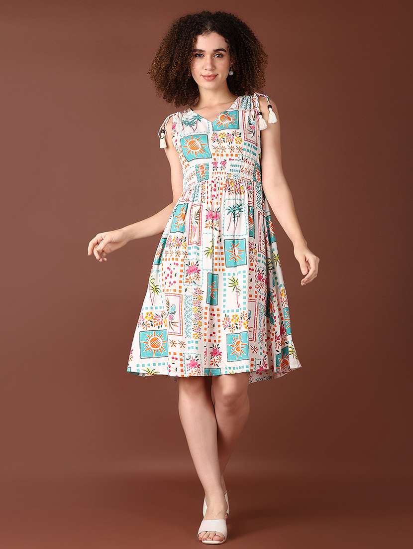 women off white printed sleeveless fit & flare dress