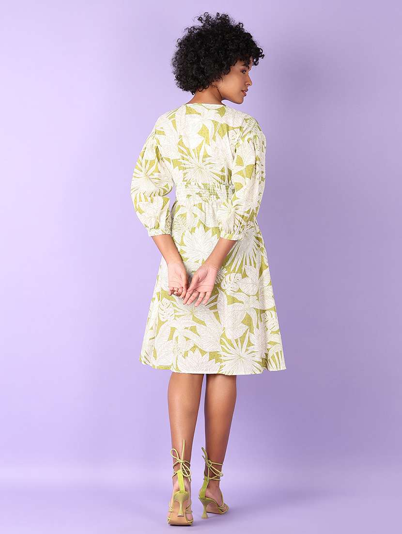 women lime printed three quarter sleeve line dress - 21599083 -  Standard Image - 3