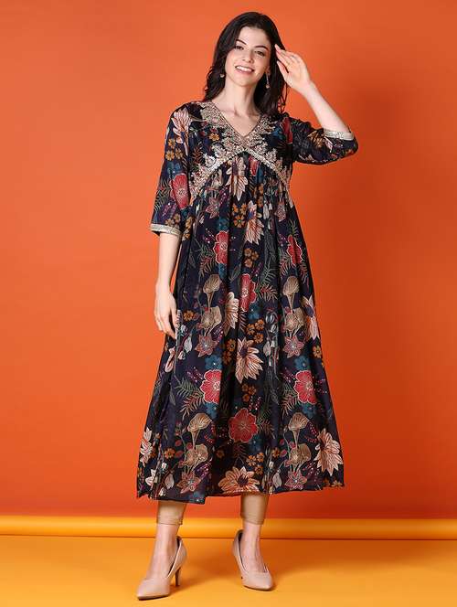 women floral three quarter sleeve a-line kurta