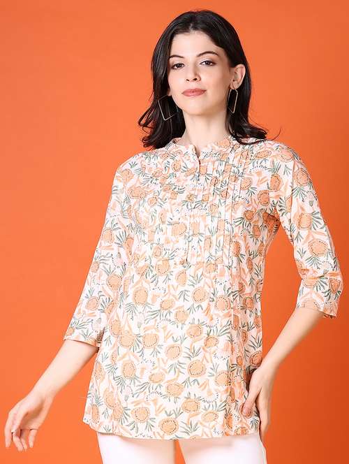 women floral three quarter sleeve straight kurti - 21599187 -  Standard Image - 0
