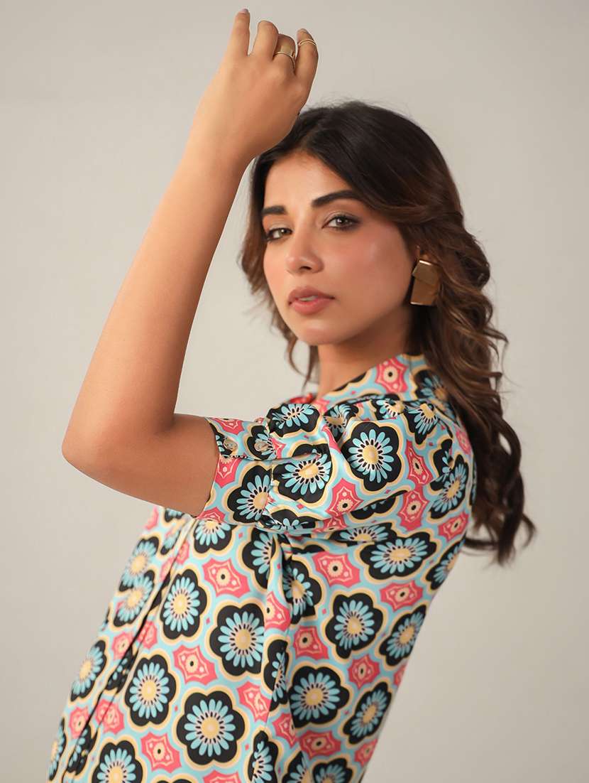 women printed tie up neck shirt - 21599386 -  Standard Image - 3