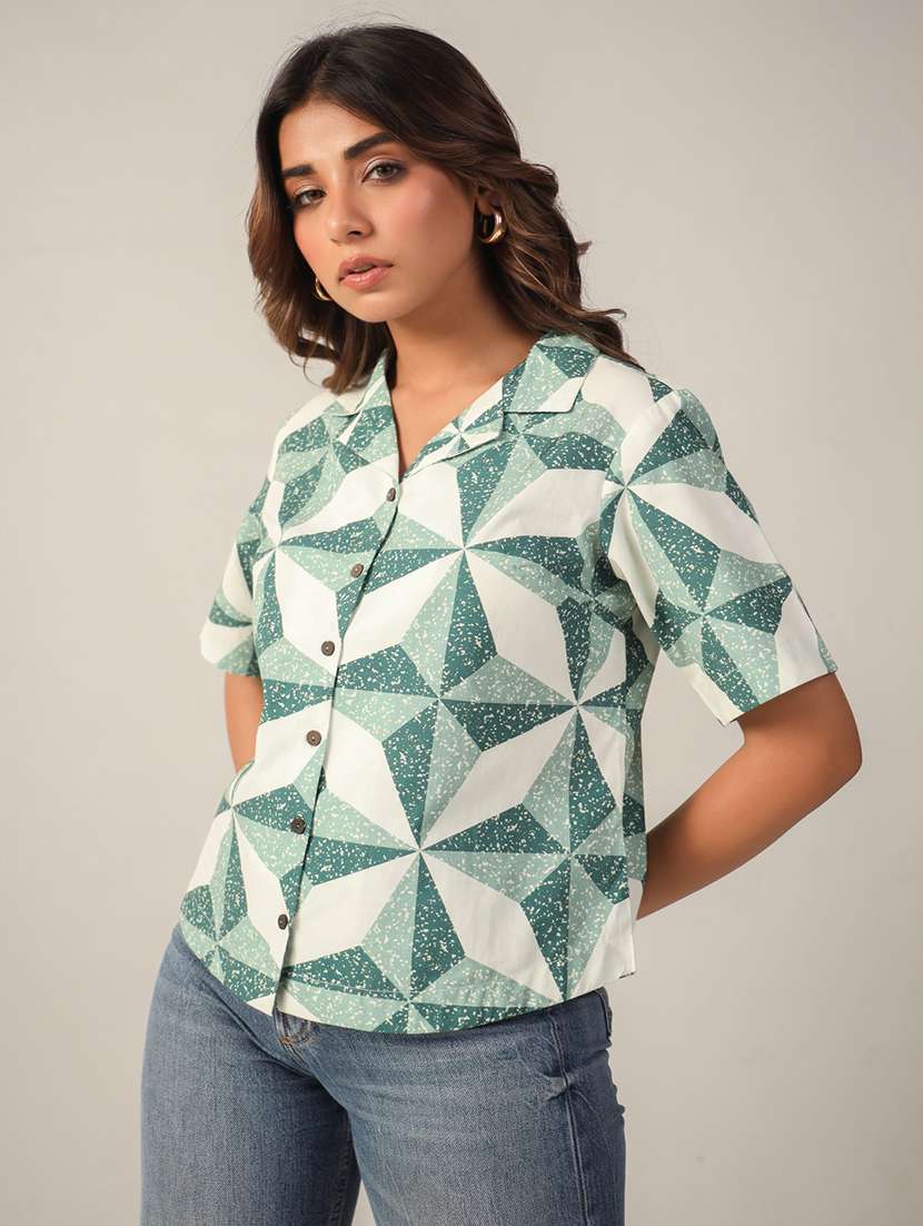 women printed short sleeves shirt style top
