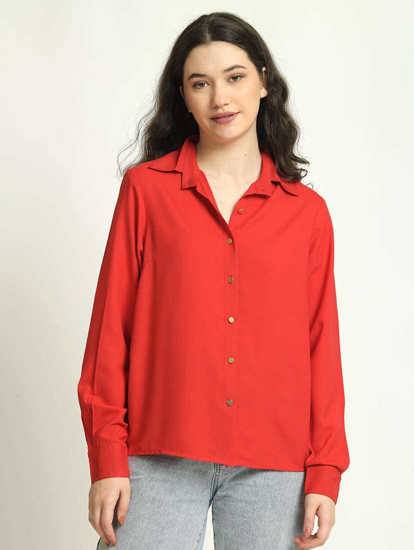 women coral solid boxy shirt