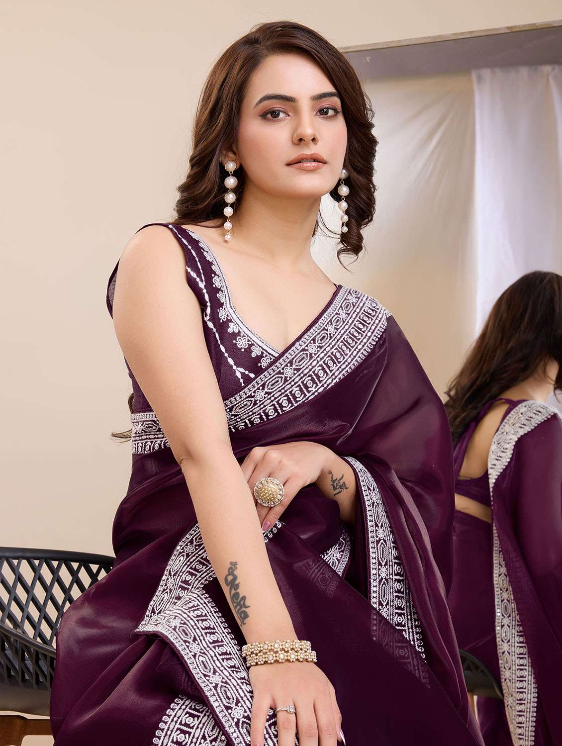 women solid with border ready to wear saree with blouse - 21599508 -  Standard Image - 3