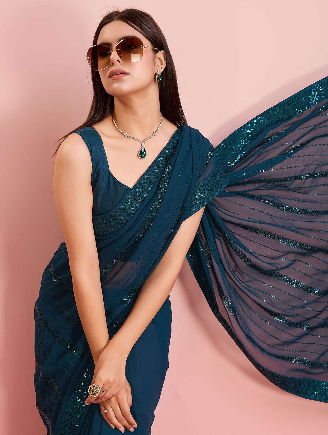 women solid with work ready to wear saree with blouse - 21599518 -  Standard Image - 3