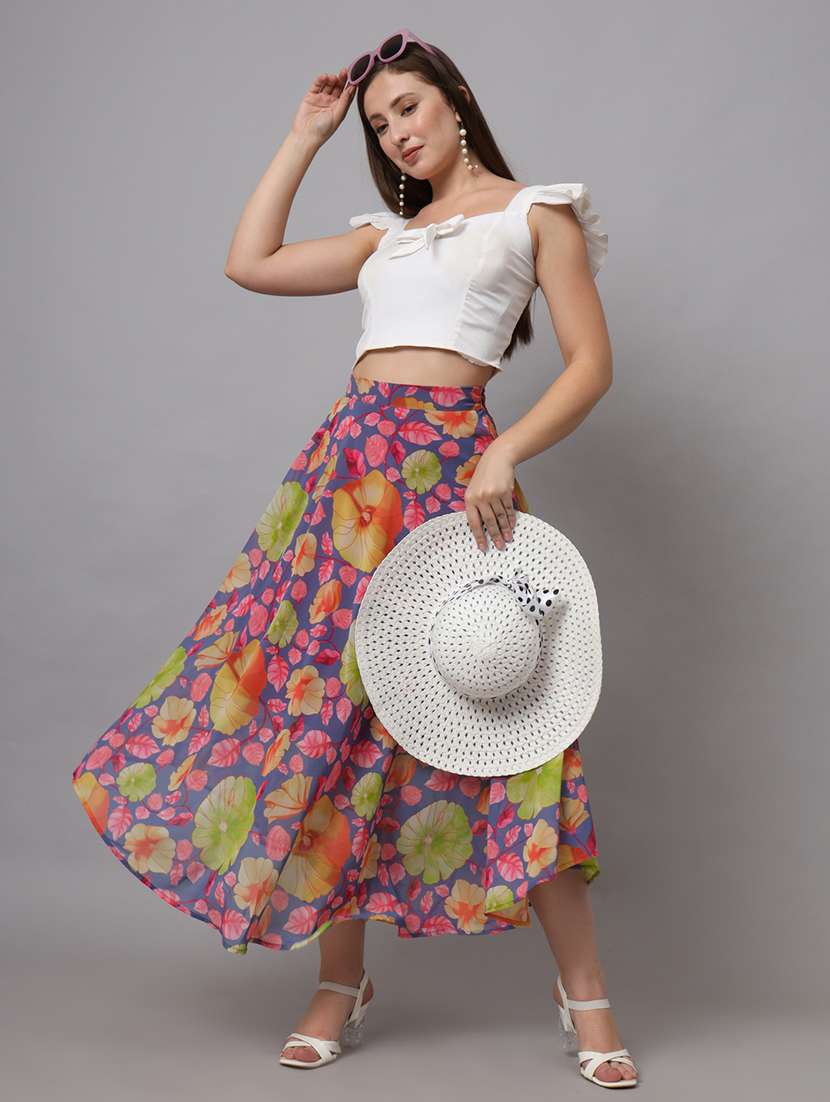 women blue floral printed flared skirt - 21599666 - Standard Image - 3