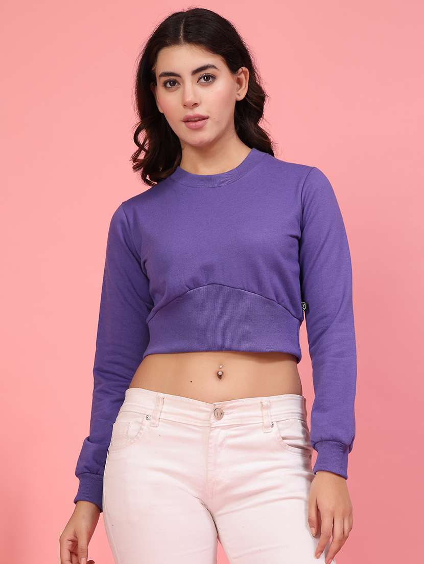 women solid round neck crop sweatshirt