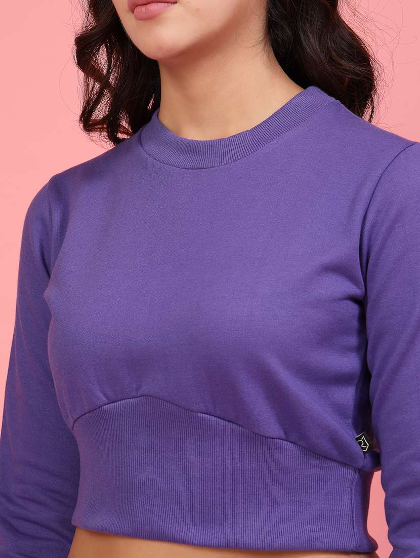 women solid round neck crop sweatshirt - 21600066 -  Standard Image - 5