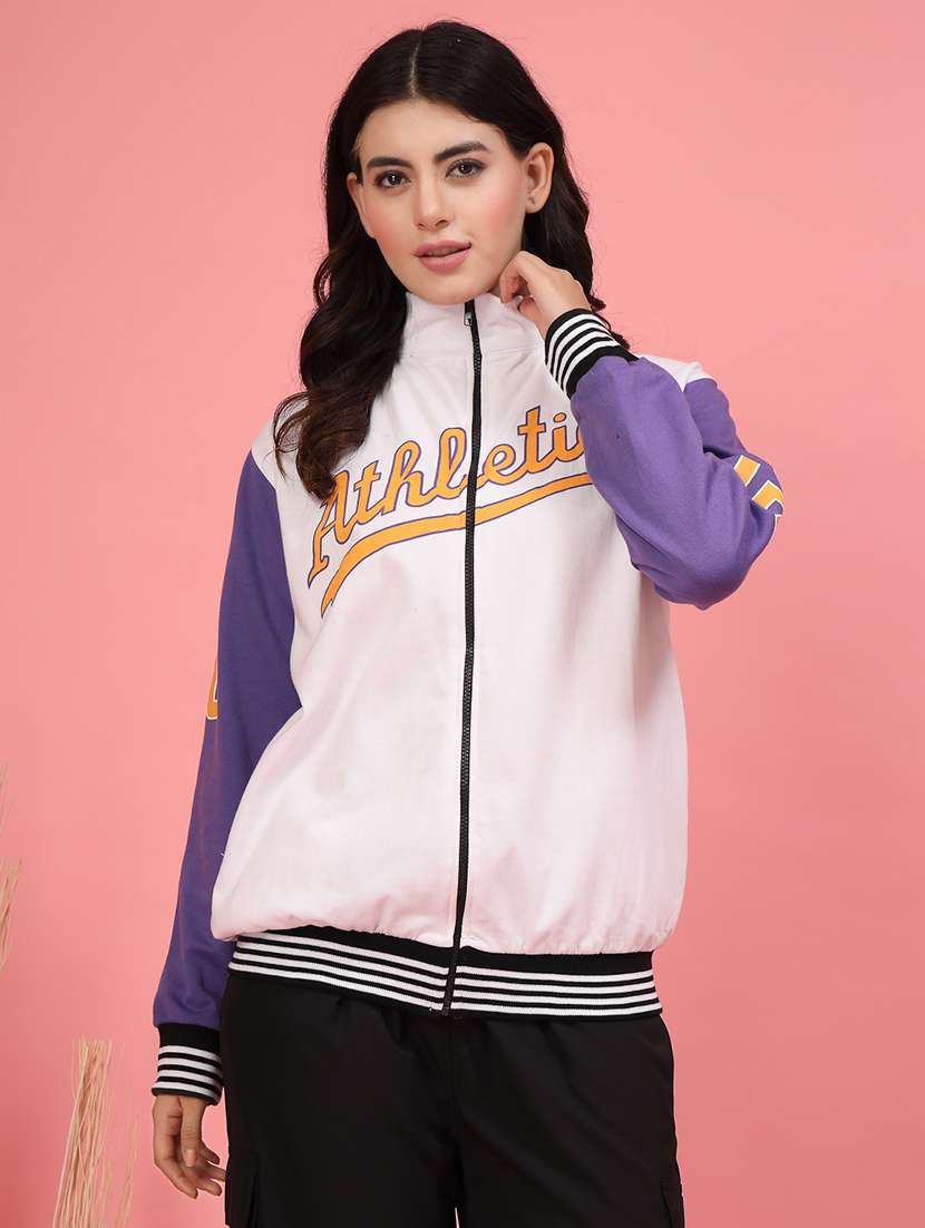 women printed oversized varsity jacket
