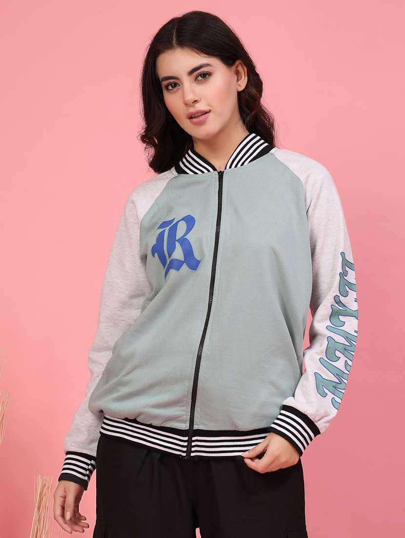 women printed oversized varsity jacket