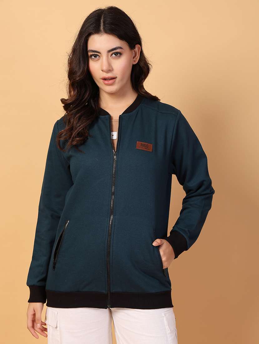 women teal solid long sleeve regular jacket