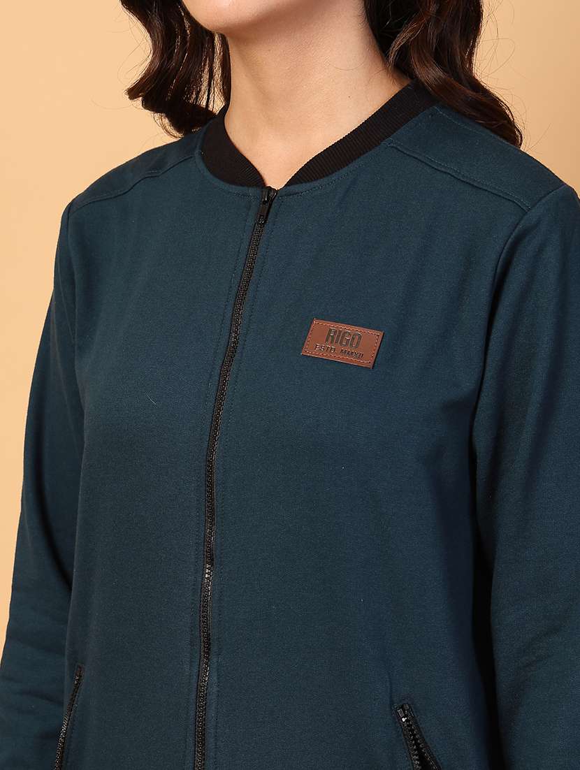 women teal solid long sleeve regular jacket - 21600127 -  Standard Image - 5
