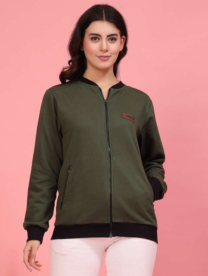 women olive solid bomber jacket