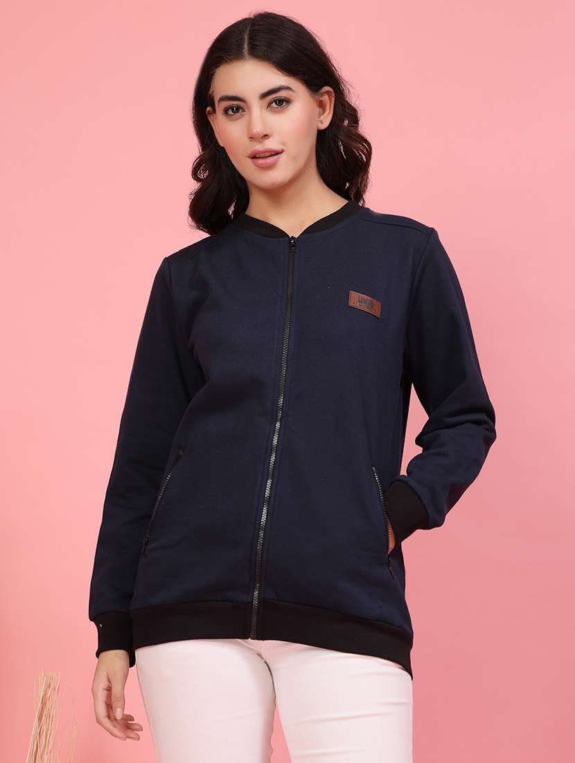 women navy blue solid long sleeve regular jacket