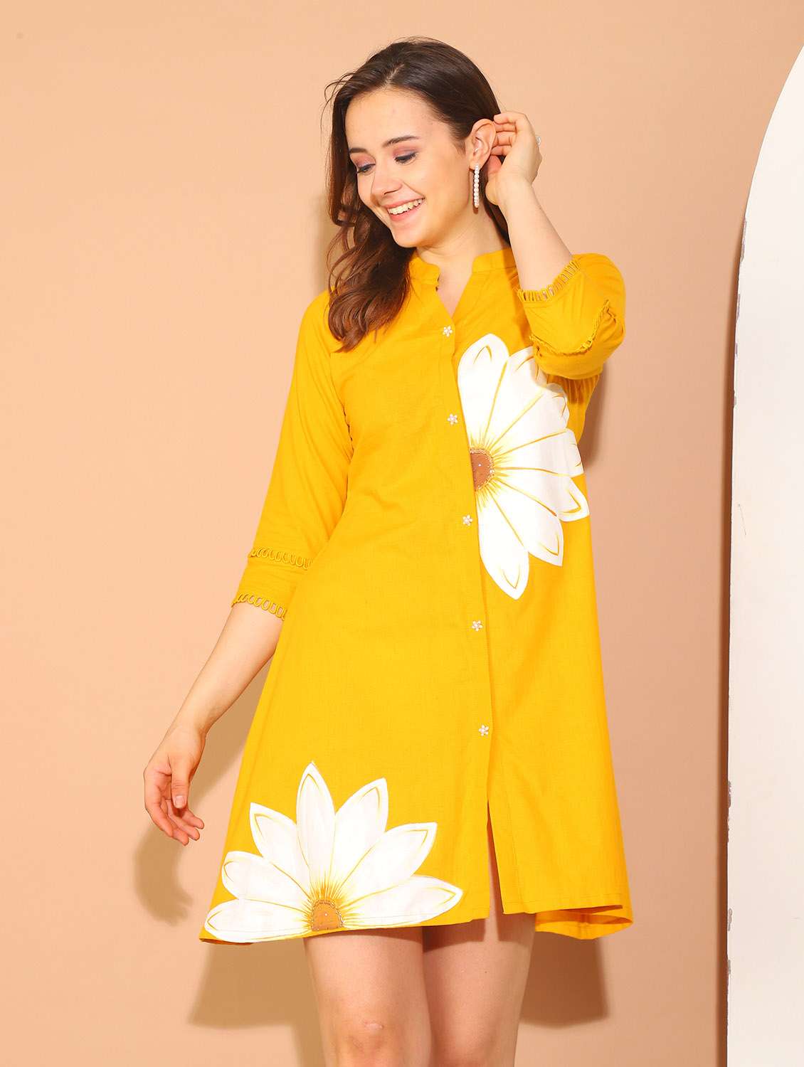 women mustard floral printed shirt dress