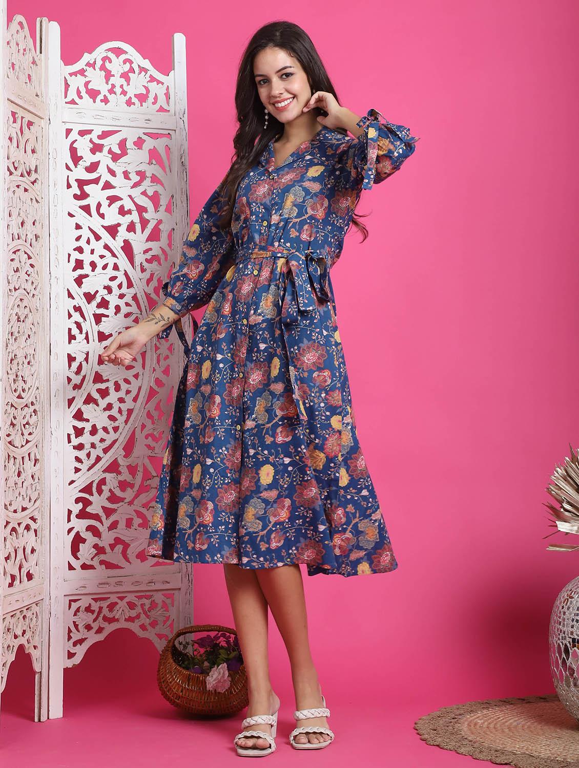 women blue floral printed fit & flare dress - 21600613 - Zoom Image - 0