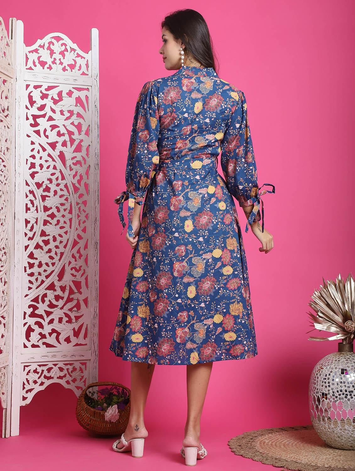 women blue floral printed fit & flare dress - 21600613 - Standard Image - 3