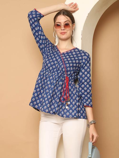 women printed three quarter sleeves peplum top - 21600632 - Standard Image - 0