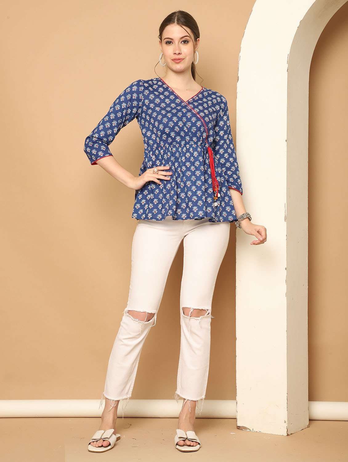 women printed three quarter sleeves peplum top - 21600632 - Standard Image - 3