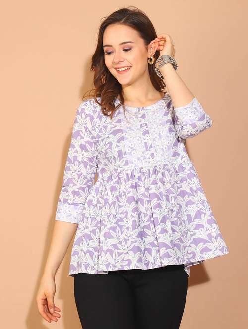 women printed three quarter sleeves a-line top - 21600633 - Standard Image - 0