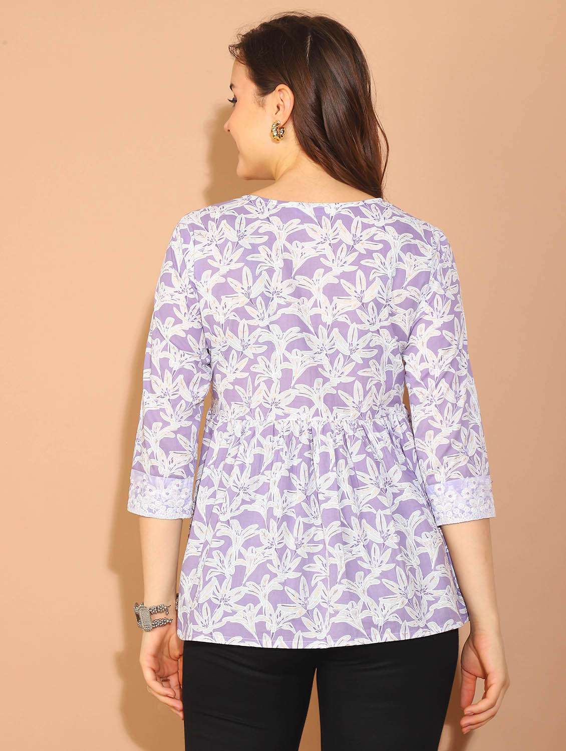 women printed three quarter sleeves a-line top - 21600633 - Standard Image - 3