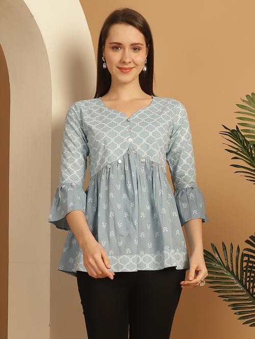 women printed bell sleeves peplum top - 21600638 -  Standard Image - 0