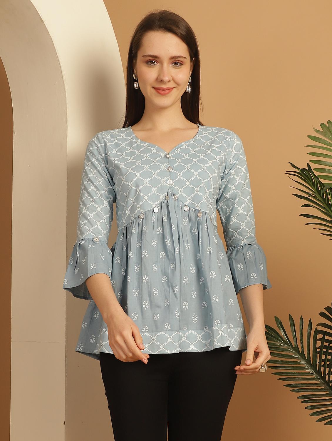women printed bell sleeves peplum top - 21600638 -  Zoom Image - 0